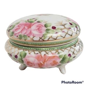 Handpainted Nippon Moriage Dresser Jar Trinket Dish Footed Cabbage Roses